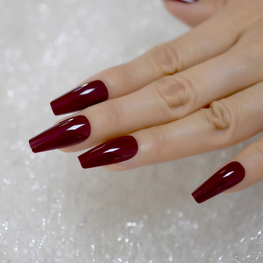 Tapered Coffin Nails Long Size Square Maroon Dark Red Acrylic Artificial False Nails Manicure Tips 24 CT