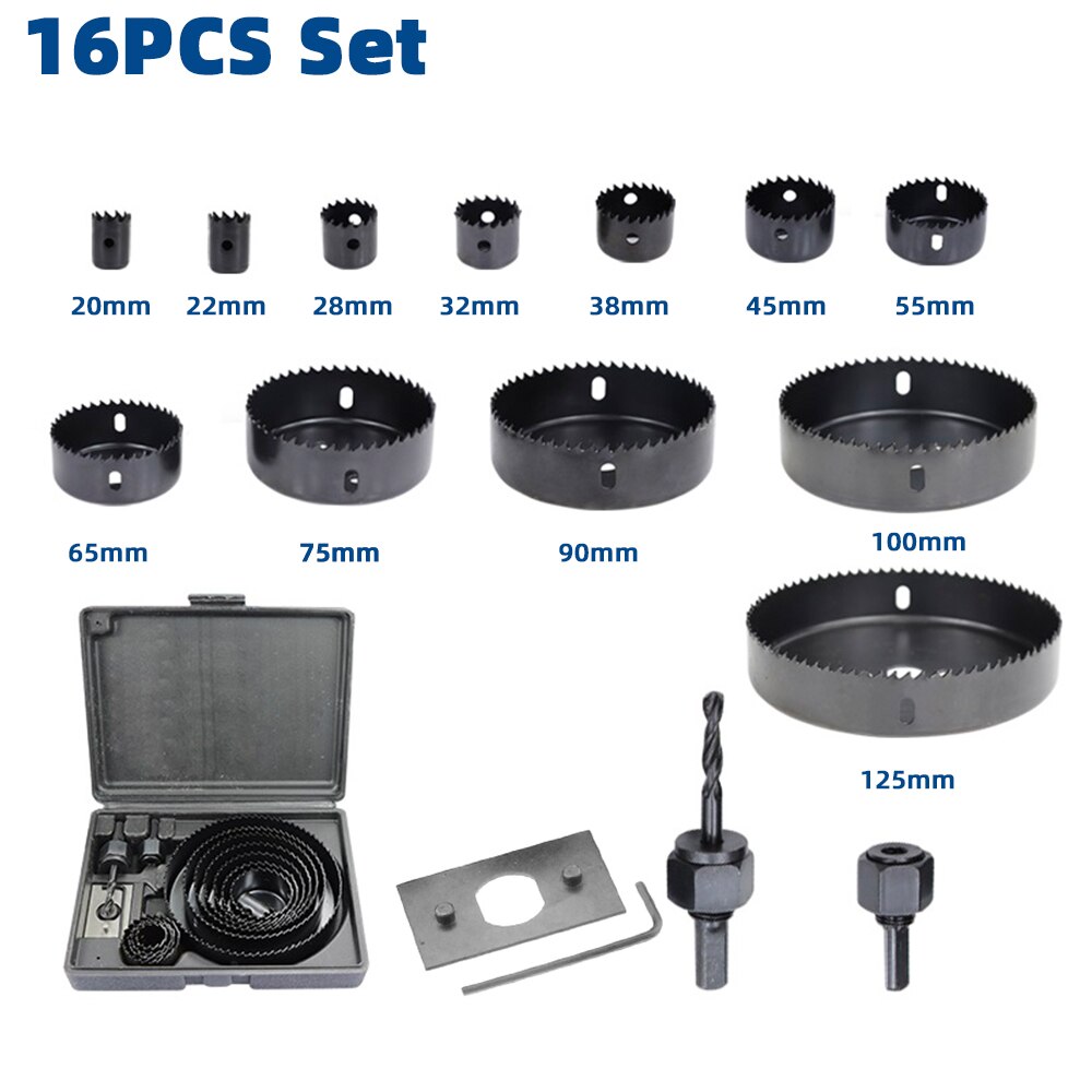 Hout Boor Set 8/11/16/19Pcs Gatenzaag Boor Cutter Carbon Staal Houten Kern boor Hole Cutter Boren: 16PCS
