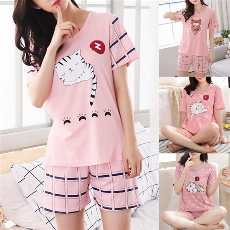 M-2XL Summer Young Girl Short Sleeve Cotton Pajamas For Women Cute Nightshirt Casual Home Service Short Sleepwear
