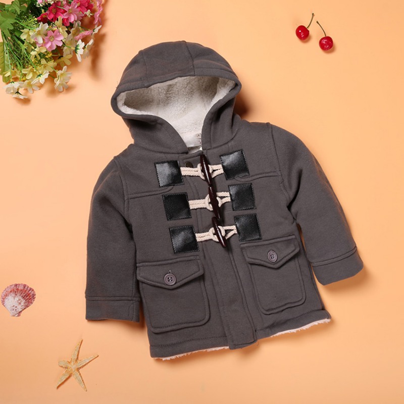 Baby Jongens Meisjes Herfst Winter Warme Lange Mouwen Effen Hoodie Hoorn Gesp Jas Bovenkleding