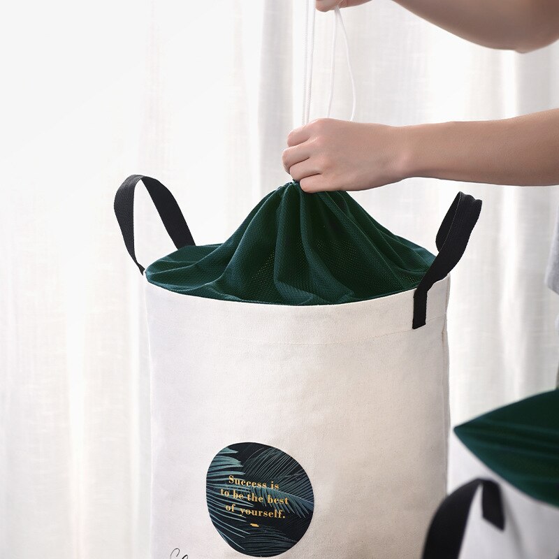 Household Canvas Foldable Dirty Clothes Basket Large Capacity Portable Laundry Storage Bags with Drawstring Mesh Dustproof Cover