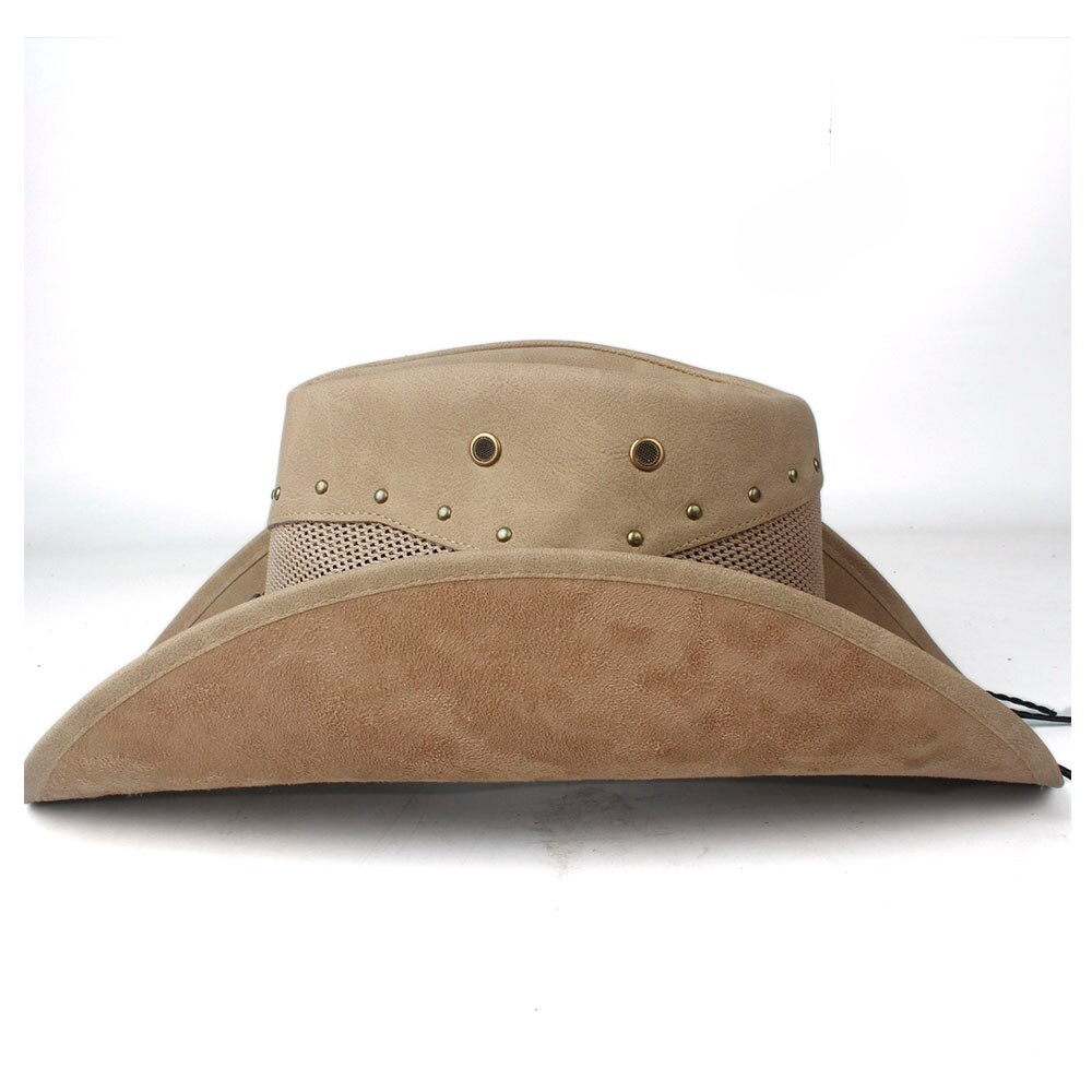 100% Leather Men Women Mesh Western Cowboy Hat Wide Brim Hat Outdoor Sombrero Hombre Cowgirl Hat Bull Ribbon