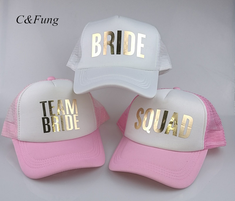 C &amp; Fung SQUAD novia del equipo sombreros basebal gorras para el banquete de Boda del brillo del oro rosa malla sombreros de verano estilo