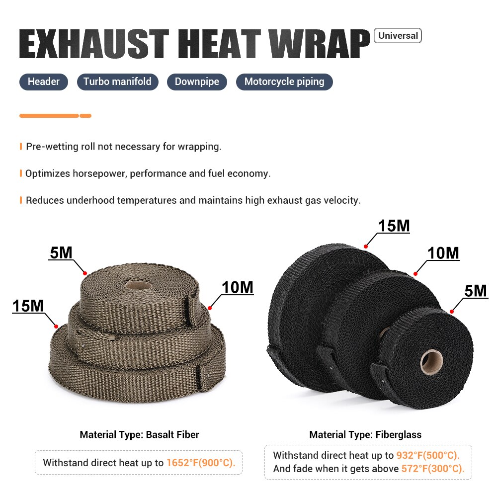 5M/10M/15M Motorcycle Exhaust Thermal Tape Header Heat Wrap Manifold Insulation Roll Resistant with Stainless Ties