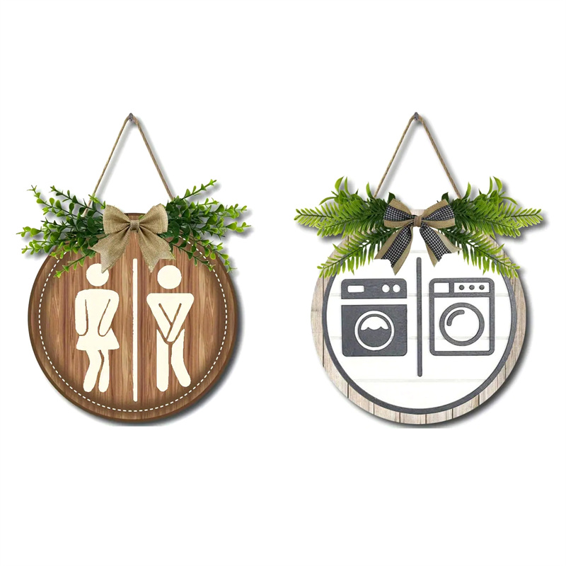 Guirnalda rústica de madera para decoración de pared, letreros de tablero redondo, letrero colgante para puerta de lavandería y baño, decoración divertida para inodoro Unisex