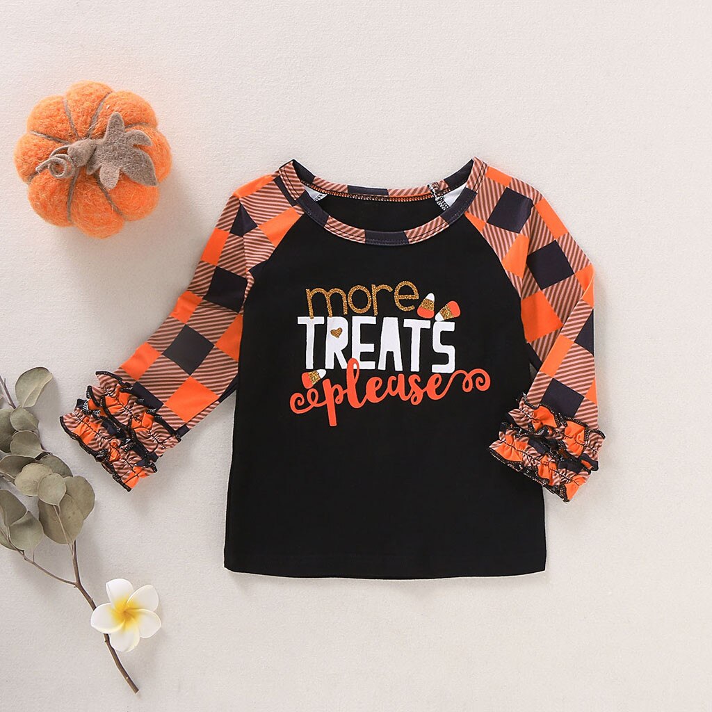 Baby Meisjes Lange Mouwen Halloween Plaid Cartoon Brief Print Tops Herfst Pasgeboren Baby Jongen Lange Mouw Festival Kleding Set