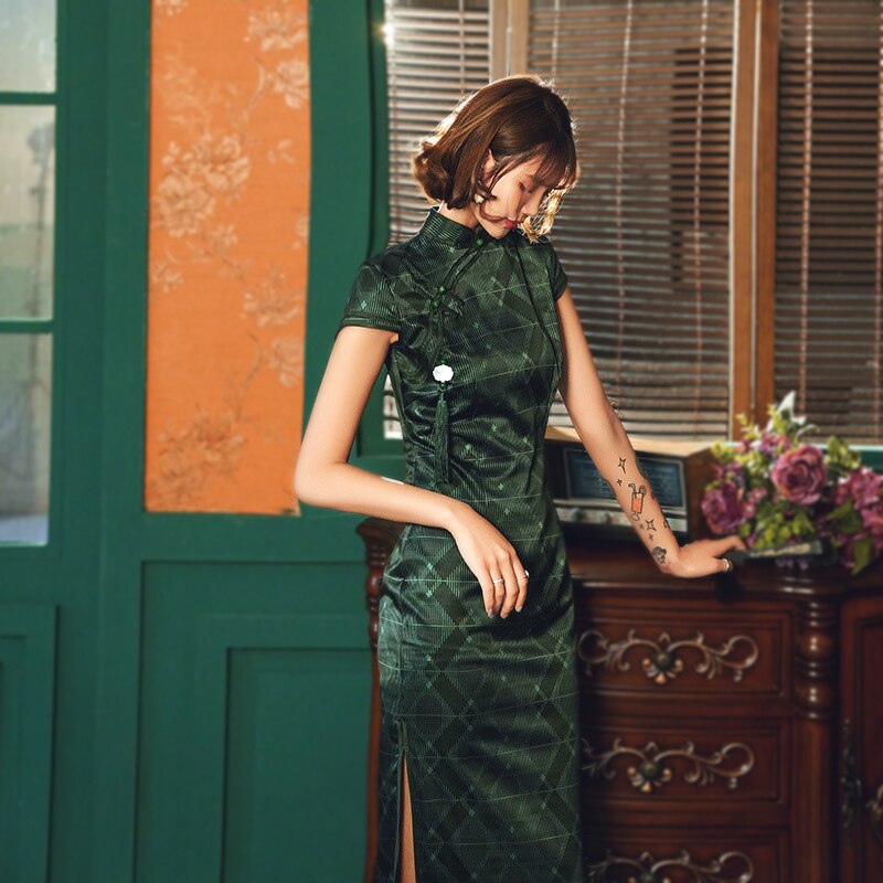 S-4XL Plus Size Chinese Robe Oriental Novelty Pattern Chinees Female Long Cheongsam Evening Dress Green Qi Pao