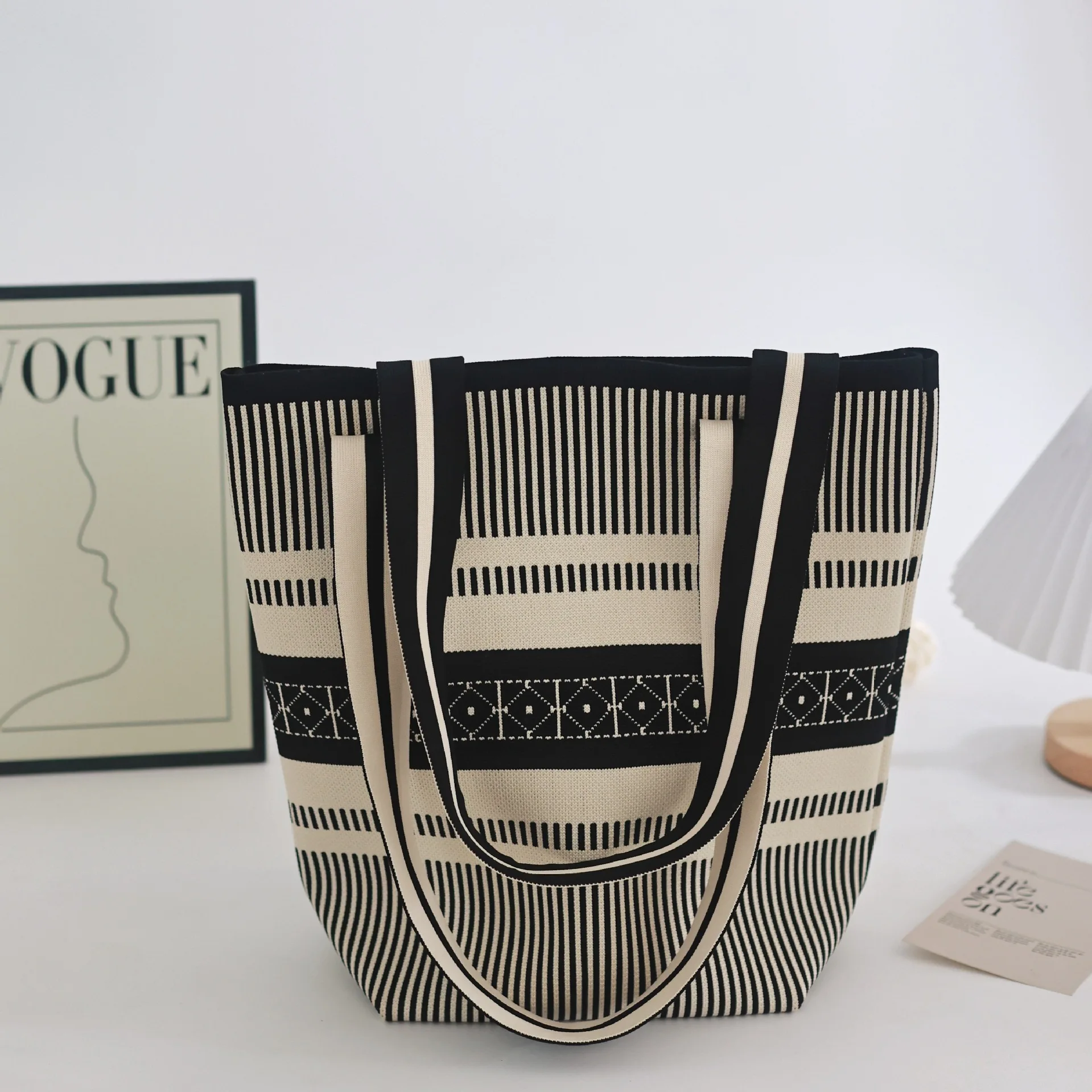 Bolso tipo cubo de punto de alta gama, bolso de hombro para mujer, bolso de de gran capacidad, estilo minimalista Neutral, fibra de poliéster