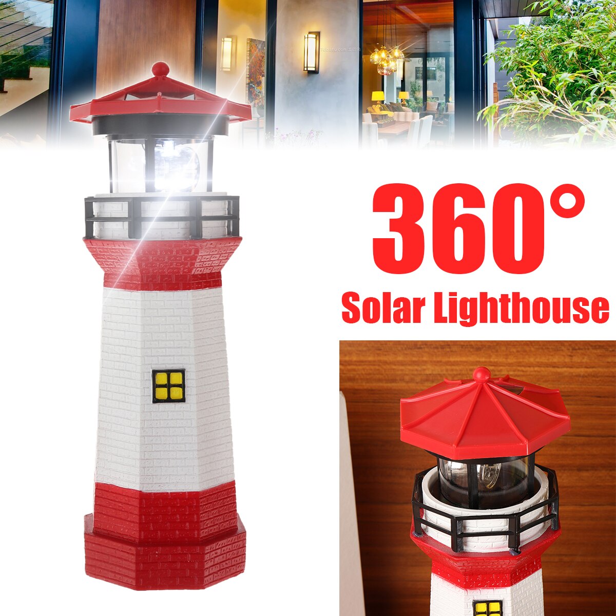 1pc Solar Lighthouse 360 Degree Rotating LED Solar Lighthouse Garden Yard Patio Decor Lamp Torches