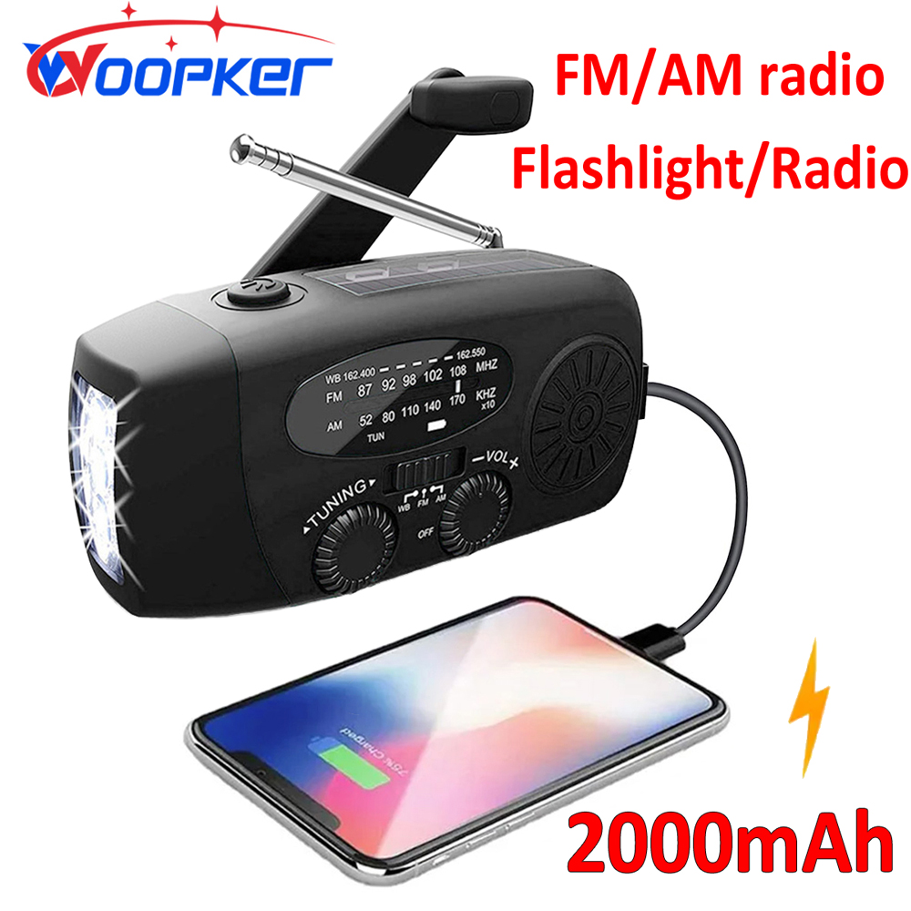Radio WOOPKER E01 2000mA, generador de manivela manual de emergencia para exteriores, carga Solar portátil para teléfono móvil, Radio AM/FM multifuncional