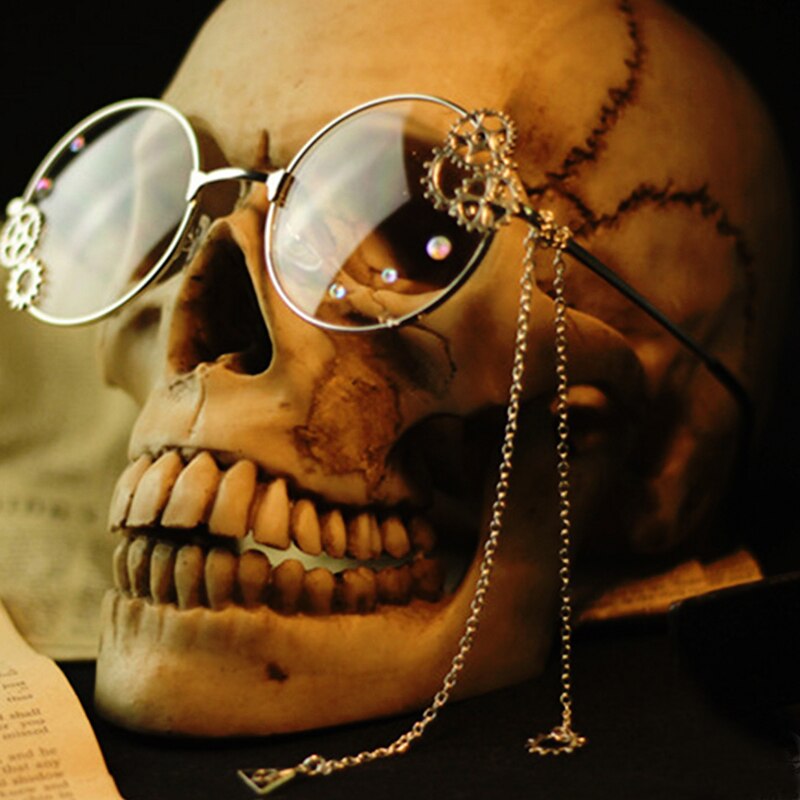 Gafas de Cosplay Steampunk para niñas, lentes con montura óptica, engranaje de Metal con cadena, Retro, Lolita: Silver frame