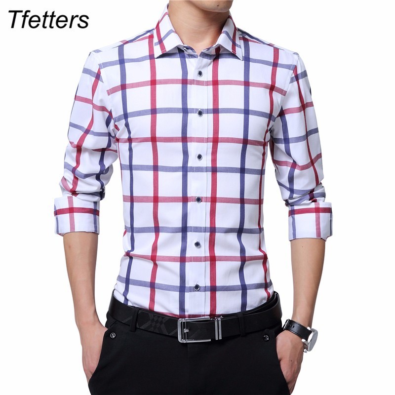 TFETTERS-Camisa a cuadros de algodón para hombre, ropa informal de talla grande, de manga larga, a cuadros rojos y blancos, con cuello vuelto