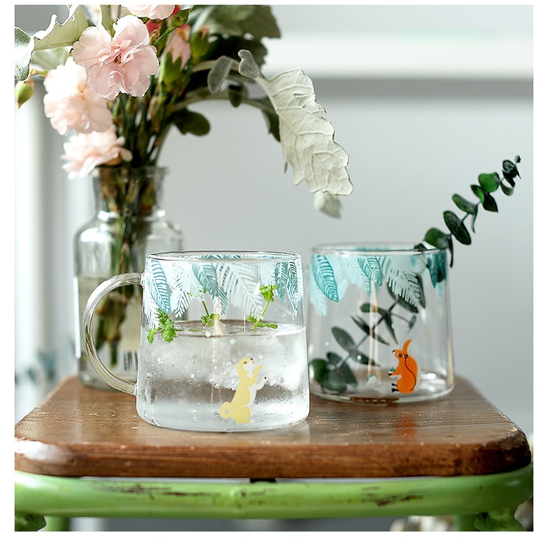 Koreanskt hushållsglas värmebeständigt par frukost mjölkkopp kaffekopp rund transparent tryckt tekopp glaskopp 7