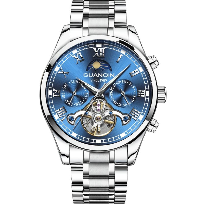 GUANQIN-Reloj de GJ16149-Men, Tourbillon automático, mecánico, resistente al agua 30M, con caja de acero inoxidable luminosa: Silver blue