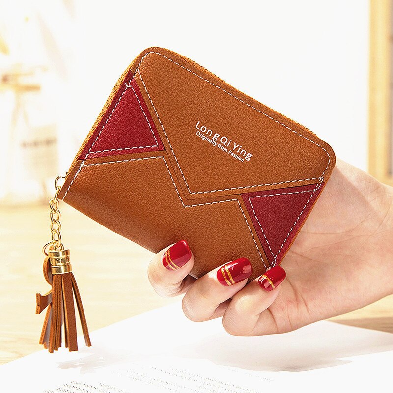 stitching color card clip change small wallet ladies short zipper tassel wallet mini coin purse: Brown