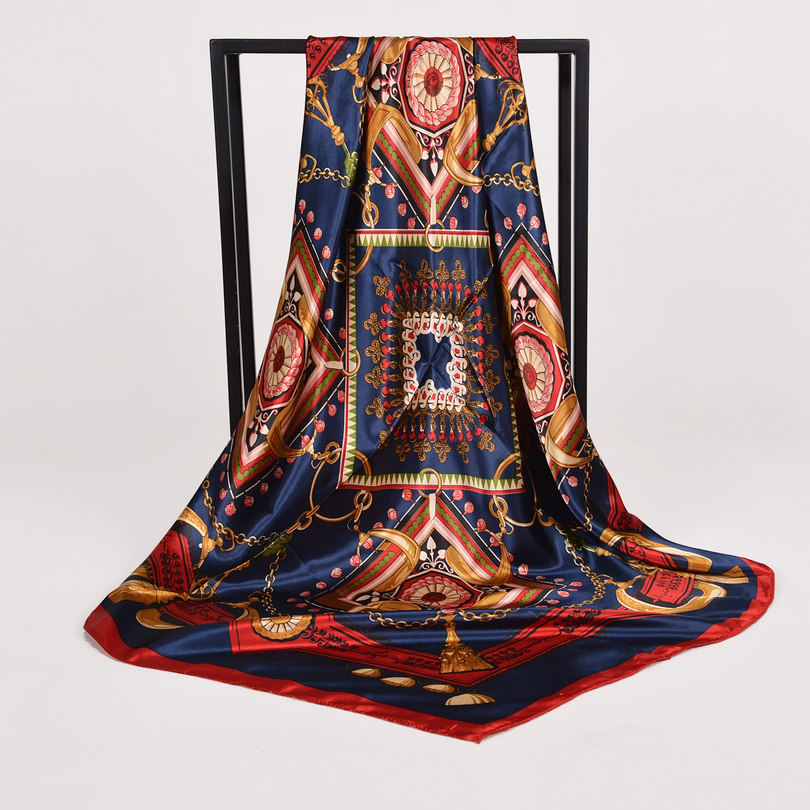 [Bysifa] Herfst Winter Dames Sjaals Accessoires Vrouwen Grote Zijde Vierkante Sjaals Wijn Rood Paisley Moslim Islamitische sjaal: navy blue 570
