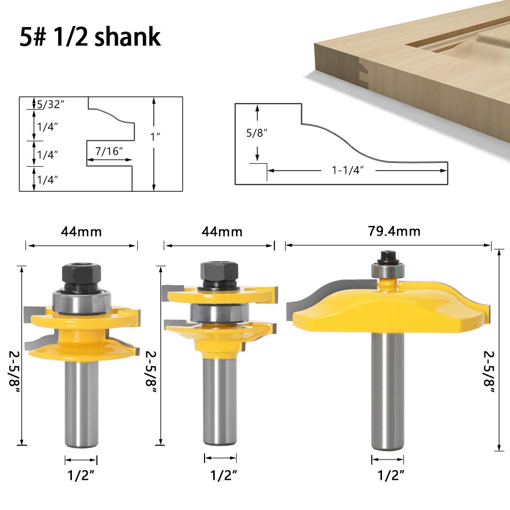 3pcs 1/2" Shank Rail & Stile Ogee Blade Cutter Panel Raised Cabinet Router Bit Set Door Tenon Woodworking Tools: NO5 12.7mm shank