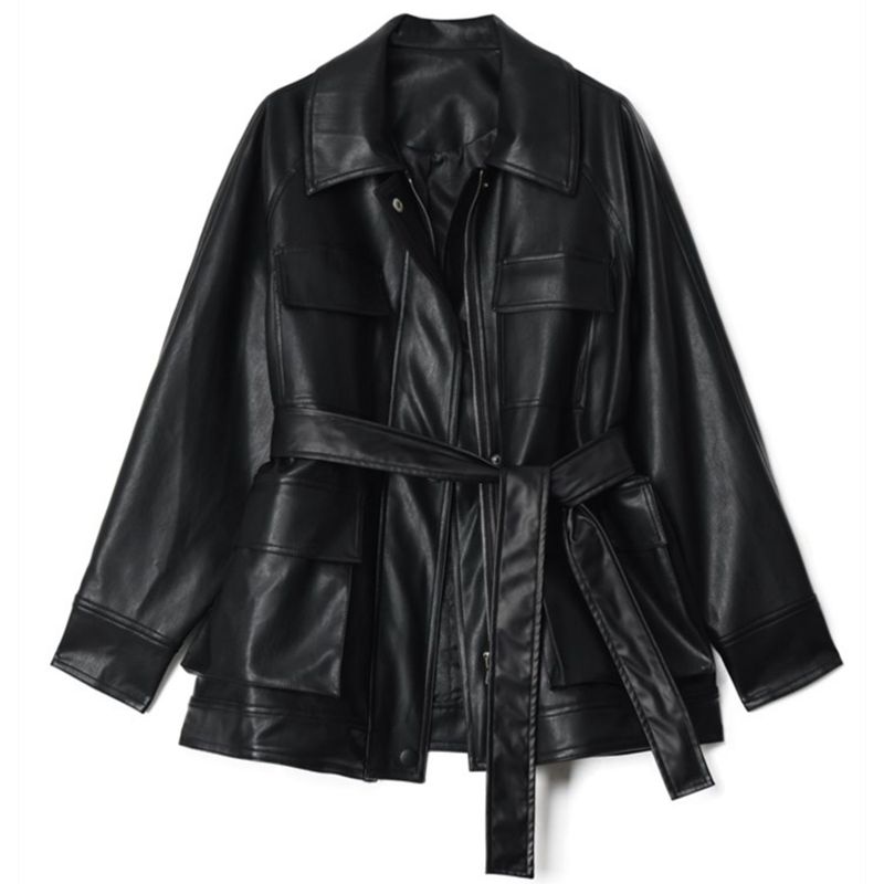 Fmfssom vår höst fyra stora fickor chic lös biker bf vintage kvinnor dam pu skinnjacka skinn moto jacka