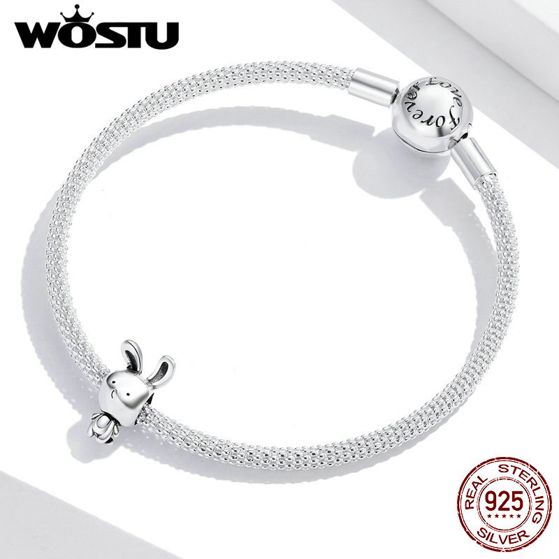 WOSTU Originale 925 Sterling Silver branelli di Fascino del coniglio di AMORE Del Fiore Del Pendente Del Panda Pendenti E Ciondoli Misura I Braccialetti Donne Gioielli FAI DA TE