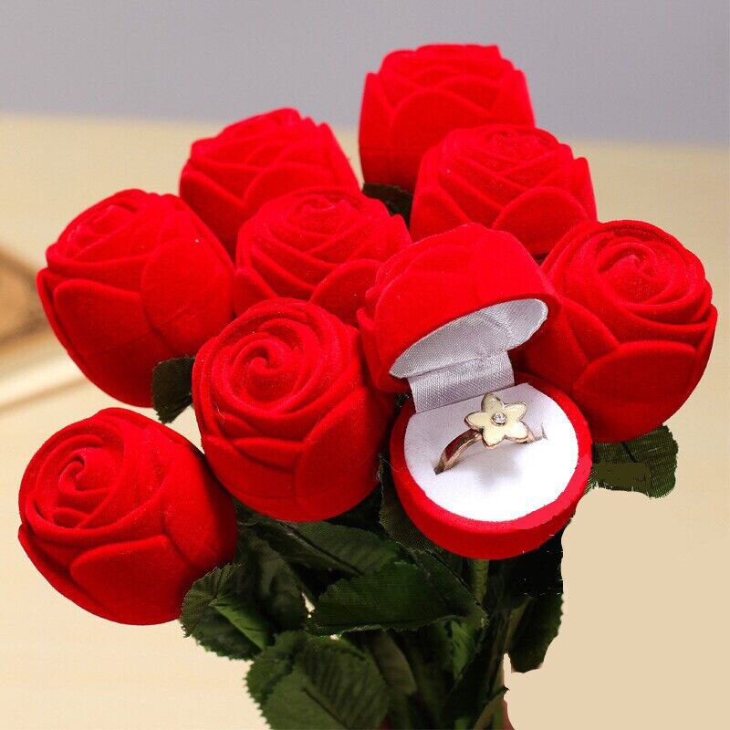 1 stks Rode Fluwelen Rose Engagement Wedding Earring Ring Hanger Sieraden geschenkdoos Opbergtas Fit Voor Ringen En Stud