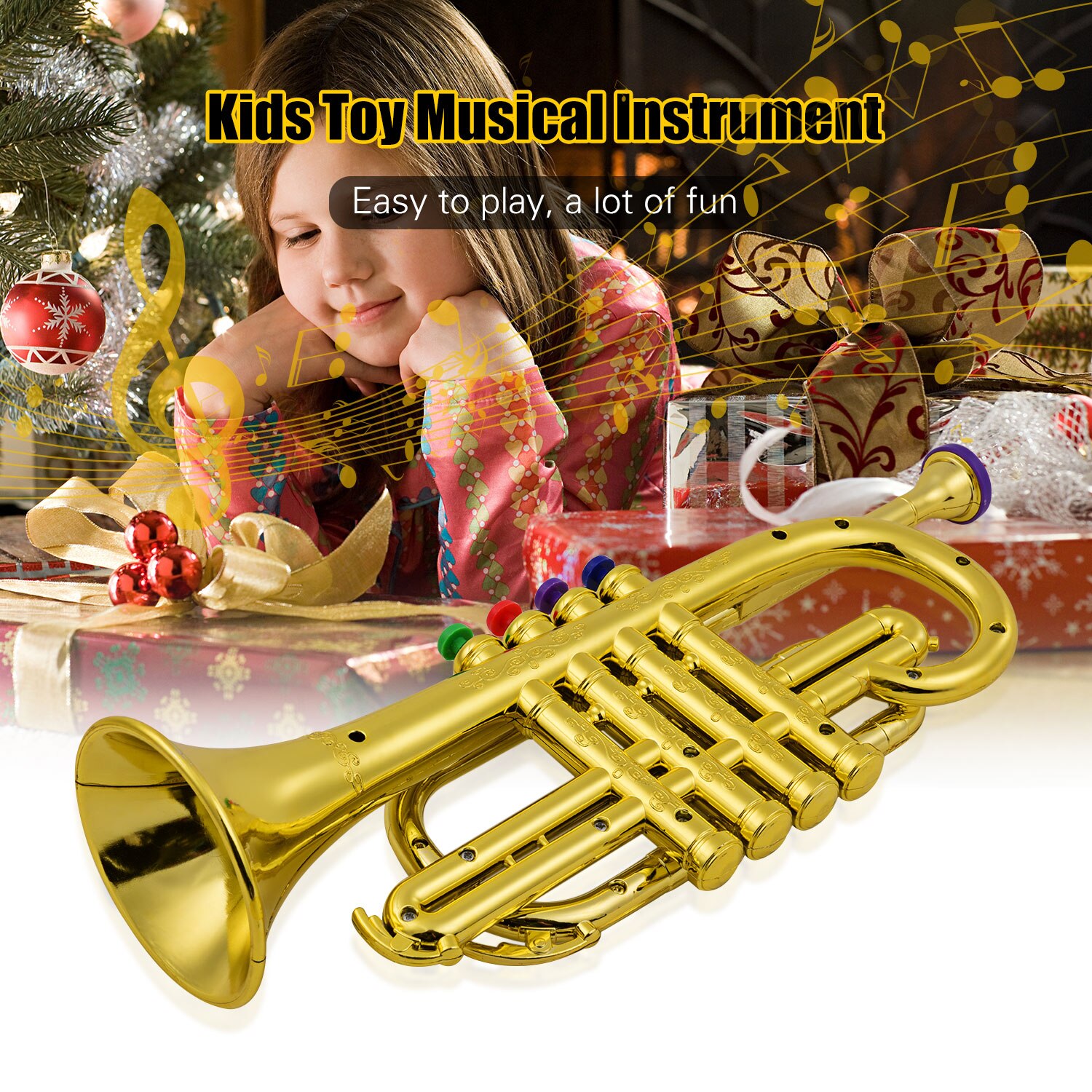 Leksakstrumpet barn musikaliska blåsinstrument abs metalliskt guldtrumpet med 4 färgade nycklar