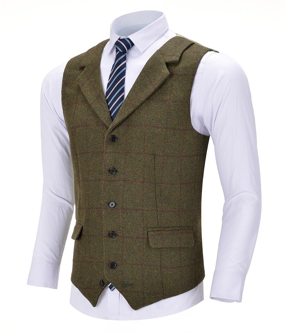 Herren Geschäft Armee GrüNe Weste Plaid Wolle einreiher Baumwolle Anzug Weste Weste Für Hochzeit Formale Weste Groomsmen
