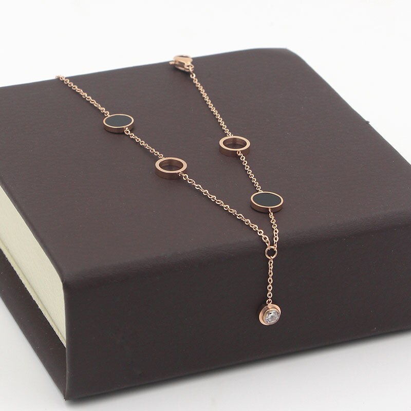 2 Circles 2 Enamel Circle Middle Zircon Anklets Top Titanium Steel Rose Gold Color Woman Jewelry