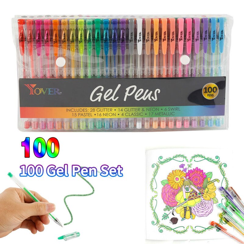 100 Colors Flash Gel Pens Set Glitter Gel Pen for Adult Coloring Books Drawing Doodling Art Markers