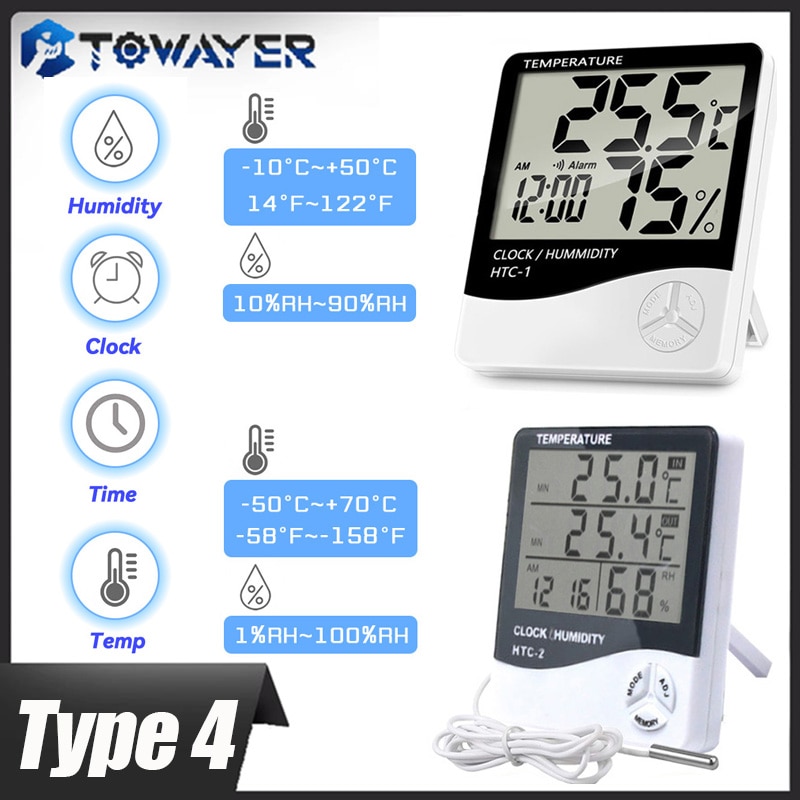 LCD Electronic Digital Temperature Humidity Meter Indoor Outdoor Thermometer Hygrometer Weather Station Clock HTC-1 HTC-2