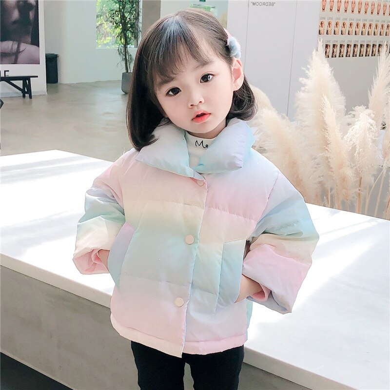 Winter girl's cotton padded coat children's baby rainbow printed cotton padded coat children's high collar coat