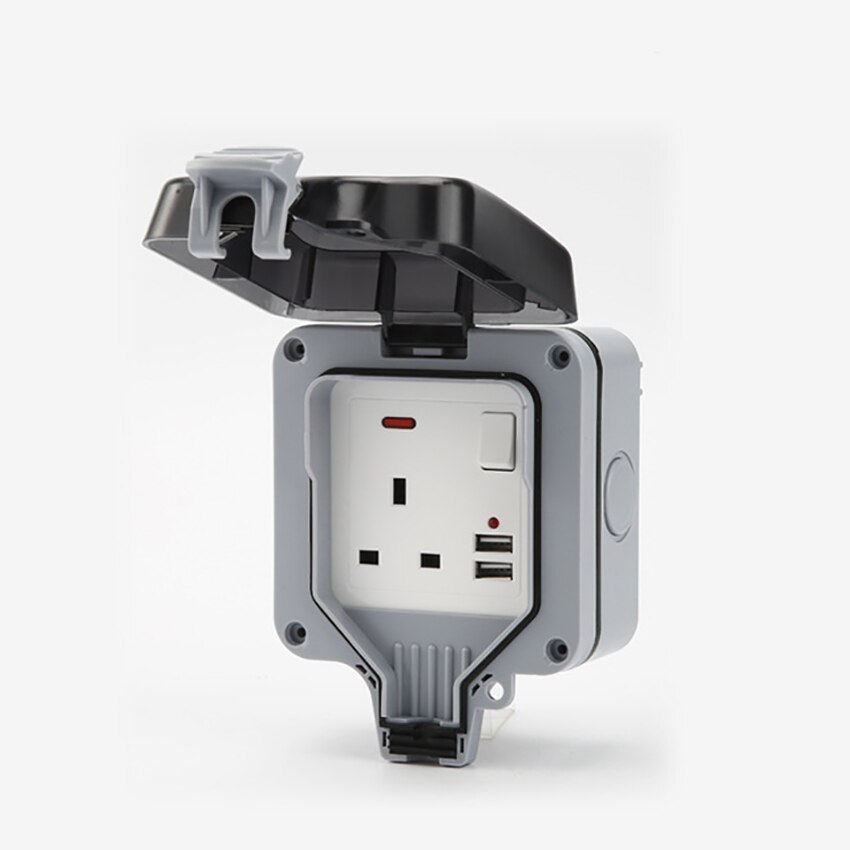 Outdoor Wall Switch & UK Outlet Combo with 2 USB Ports, Waterproof Flip Cover, 4 in 1 Receptacle, 13A AC Outlet Wall Plug