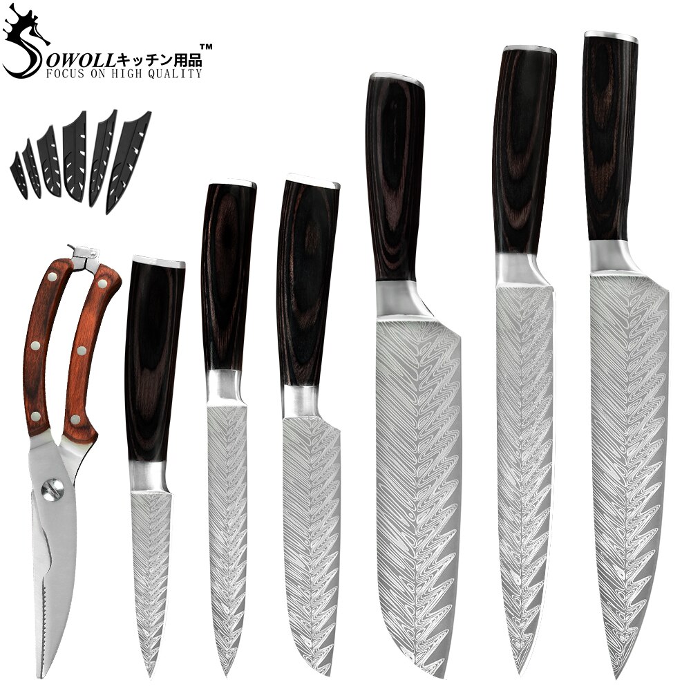 Sowoll Kitchen Stainless Steel Knives Tool Fruit Utility Santoku Chef Slicer Damascus Veins Kitchen Knives Scissor Sharpener Bar: B.7PCS SET