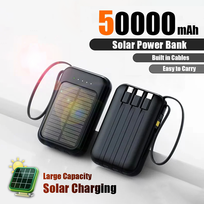 50000 mah solcelle-powerbank hurtigopladende led-lys med 4 kabler type-c multiport udendørs bærbar mobil ekstern strømforsyning