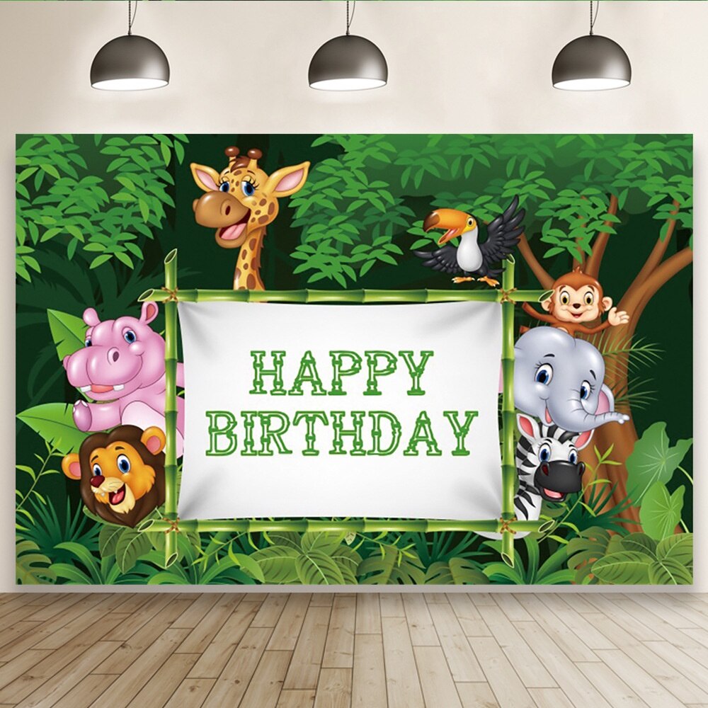 150x100cm Jungle Safari Animal Happy Birthday Backdrop Birthday Party Photo Background Wall Poster Party Backdrops for 1-9 Year: 6