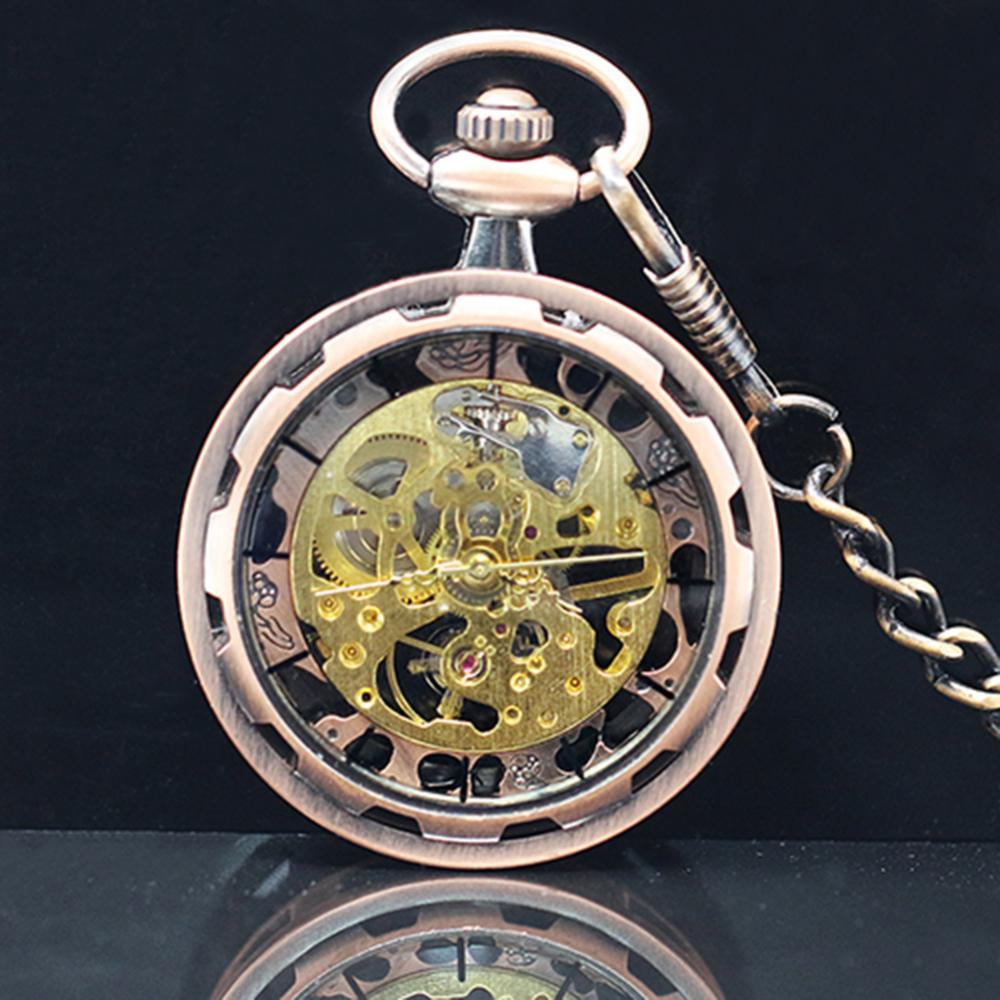 Unisex Luxury Silver Skeleton Mechacnical Hand-winding Mens Pocket Watch with Chain Smooth Steel Women Unisex Pocket Watch