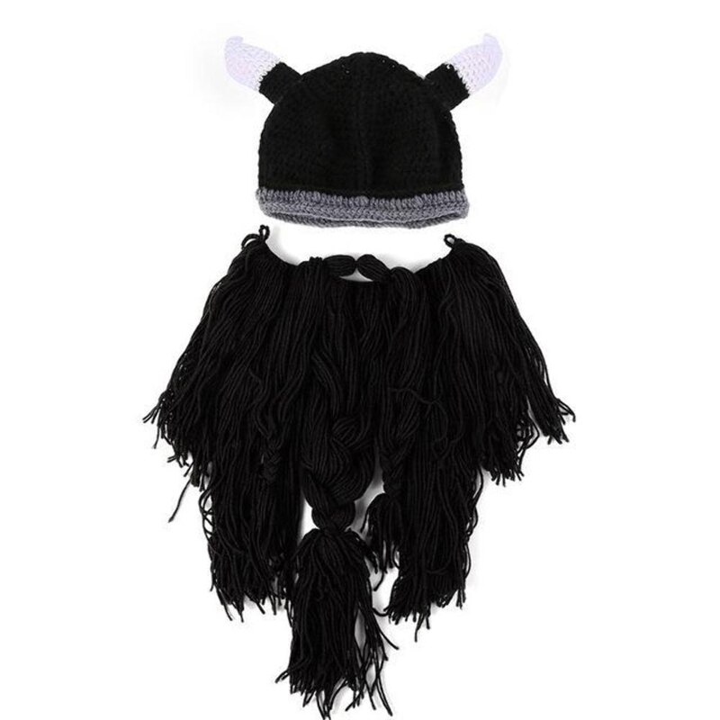Kerst Grappige Mannen Viking Gebreide Pruik Lange Baard Hoorn Hoed Vagabond Barbarian Crazy Ski Cap Beanie Halloween