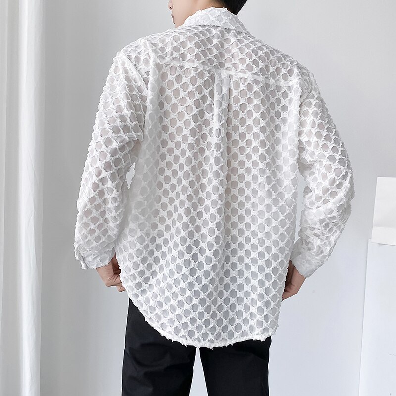 Camicia trasparente bianca nera camicia elegante da uomo della società di moda maschile camicia a quadri da uomo a maniche lunghe Casual allentata coreana
