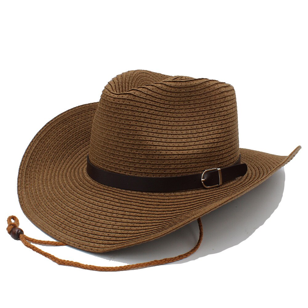 Sombrero de cowboy del oeste con cuerda resistente al viento para señora Caballero Playa Sol Sombrero de vaquera tamaño 58CM A0116-XSJ