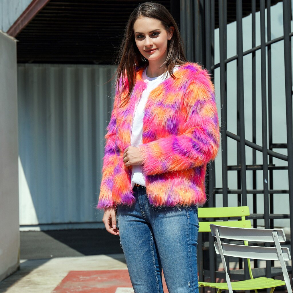 Women Furry Fur Coat Autumn Winter Female Jacket Boho Faux Fur Outerwear Cardigan Long-sleeved Loose Button Pocket Short Coat