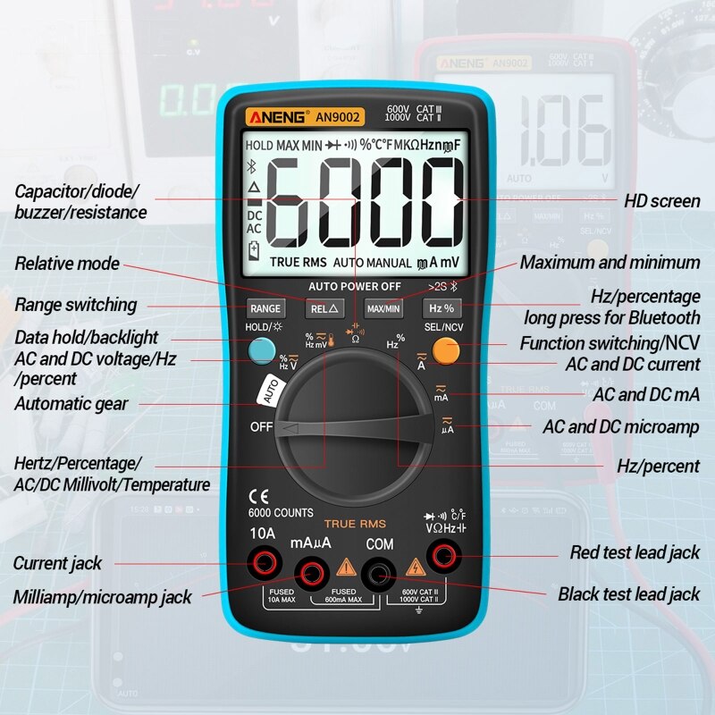 An9002 digitale true rms 6000 counts bluetooth multimeter ac/dc stroom/spanning tester auto-range multimeter