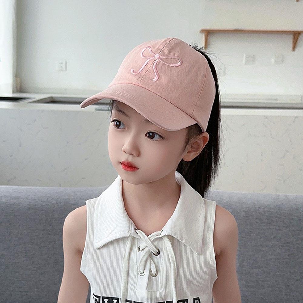Arcos, gorras de béisbol para niños, gorras huecas vacías con cola de caballo alta, gorras ajustables para el sol de verano para niños, gorra de béisbol de Hip Hop para niñas: Rosa