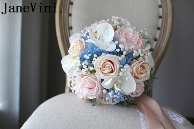 JaneVini Kunstmatige Orchidee Bruidsboeket Champagne Roze Rose Bloemen Broche Blauwe Hortensia Bruidsboeketten Fleur Mariage