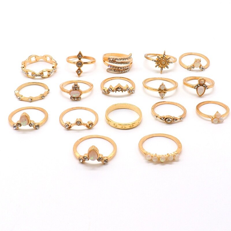 17 Pçs/set Bohemian Estrelas Gotas D' Água Crown Ondas Rodada Gems Cristal Anel Set Mulheres Charme Exquisite Partido Presente Da Jóia Do Anel