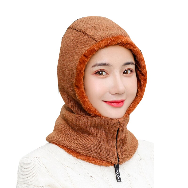 Reißverschluss Frauen Winter Hüte Plüsch Warme Sturmhaube Damen Ring Hütte Mit voll Gesicht Maske Kreative Atmungsaktive Gesichtsmaske: dunkel Braun