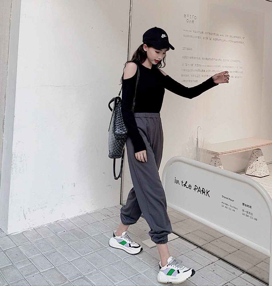 Pantalon de survêtement gris pour femmes, couleur unie, taille haute, ceinture, jogging, sport de rue, Harlan