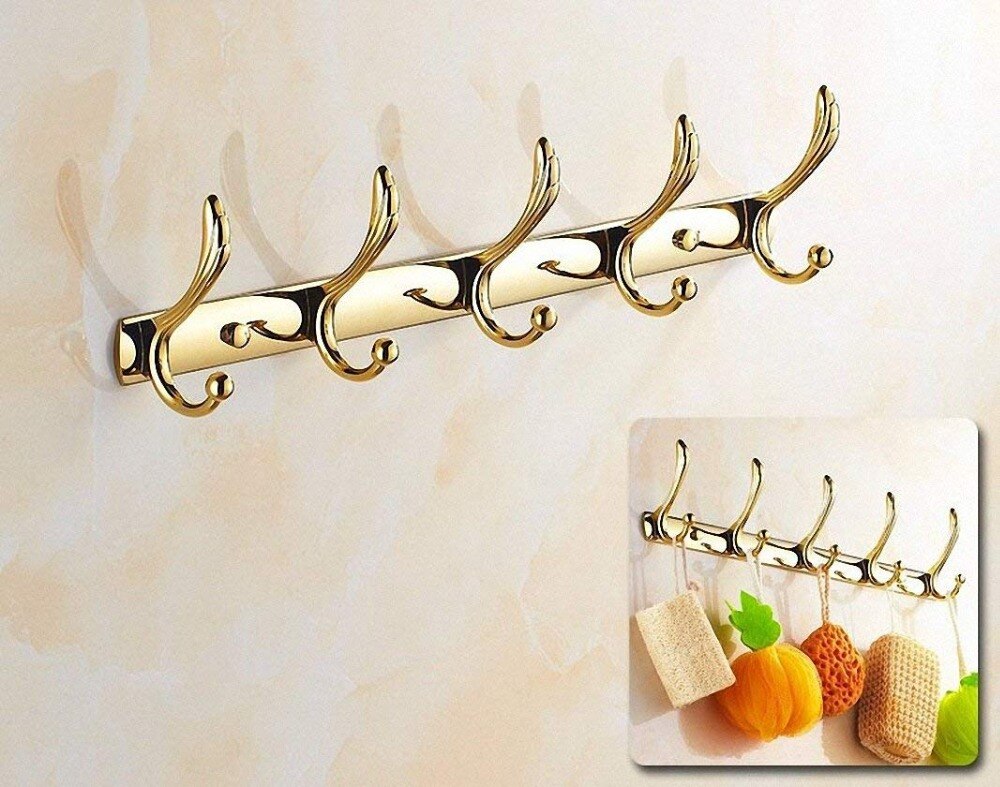 Luxe Douche Badkamer Accessoires Set, Handdoek Ring, Papier Houder, Kapstok, Wc Borstel, gepolijst Gold, Bad Hardware: Coat Hook - 5 Hooks