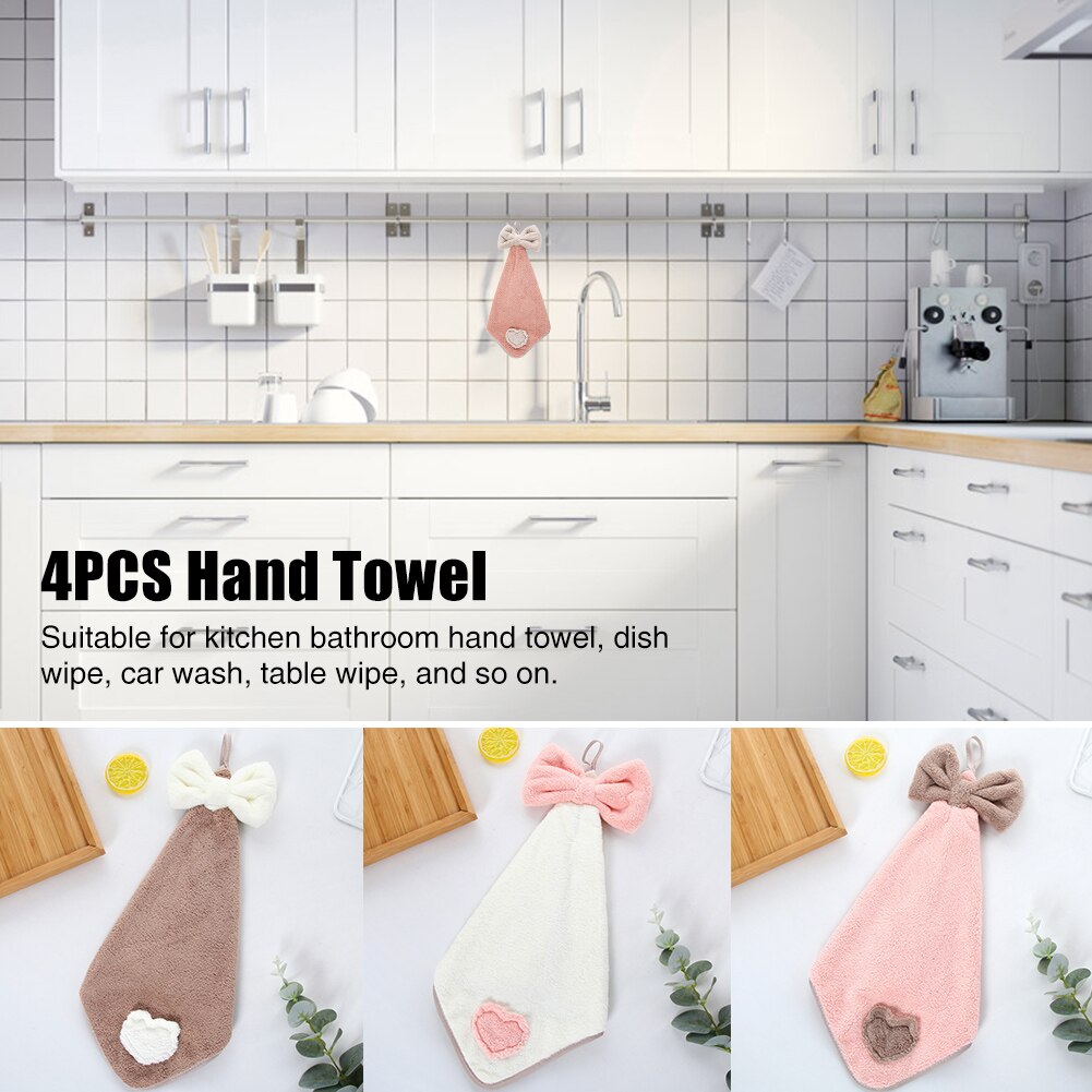 4 Stuks Zachte Absorberende Badkamer Keuken Leuke Strik Home Wipe Coral Fluwelen Snel Droge Handdoek Opknoping Wassen Vaatdoek Rag