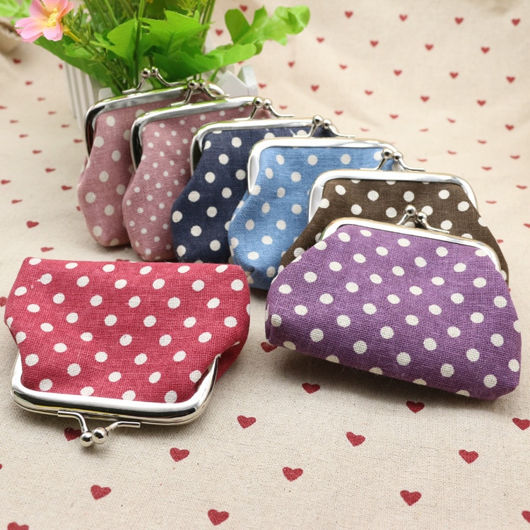 Women Dot Small Coin Purse Clasp Coin Bag Two Metal Button Pocket Coin Pouch Key Credit Card Holder Canvas Fabric