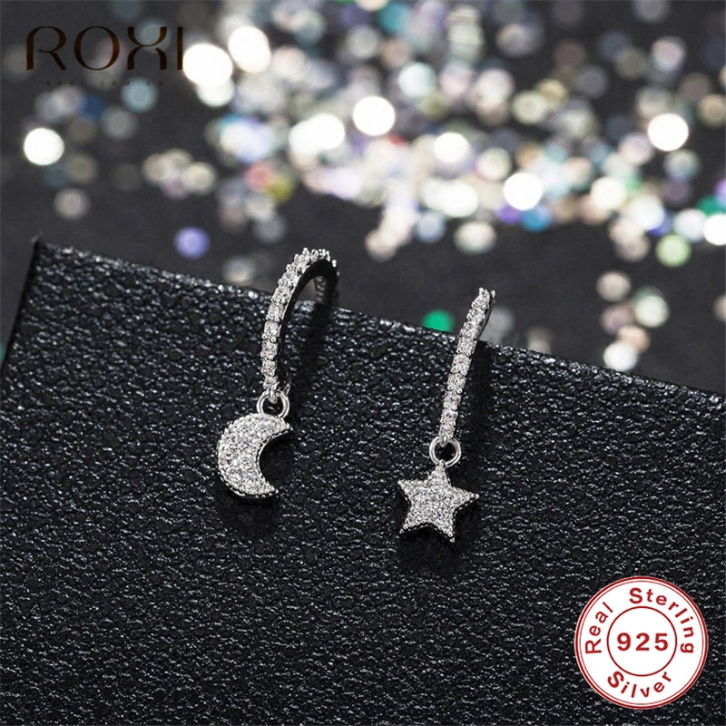 ROXI 925 Sterling Silver CZ Crystal Star Moon Stud Earrings for Women Korean Style Asymmetric Earrings Christmas Jewelry