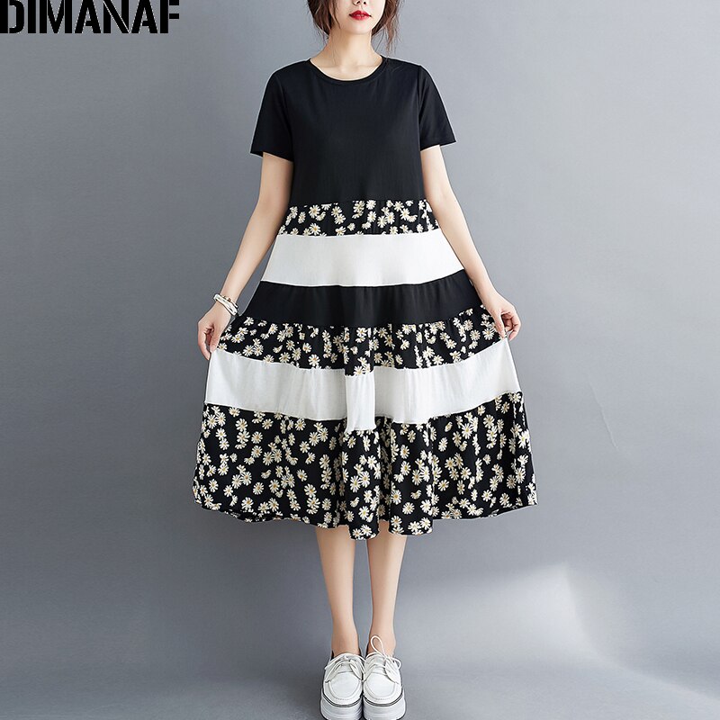 Dimanaf sommar plus size klänning damkläder solklänning löst tryck blommig veckad skarvad dam vestidos svart klänning